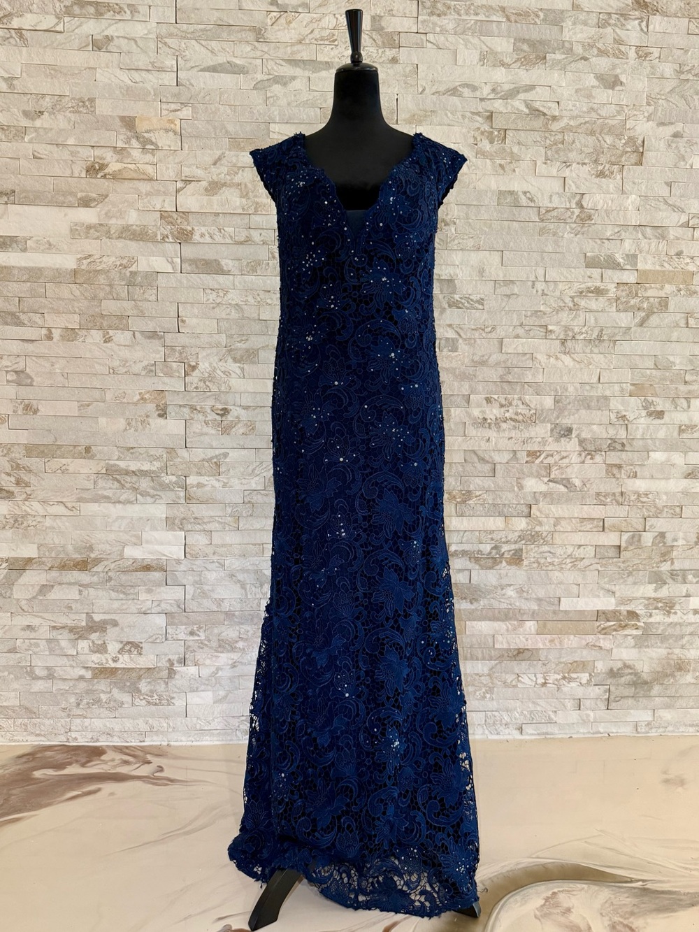 Jovani Elegant Navy Blue Lace Evening Gown